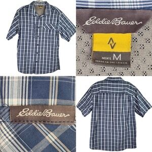 Eddie Bauer Travex Button Down Shirt Men’s Size M Blue Plaid Short Sleeve Hiking